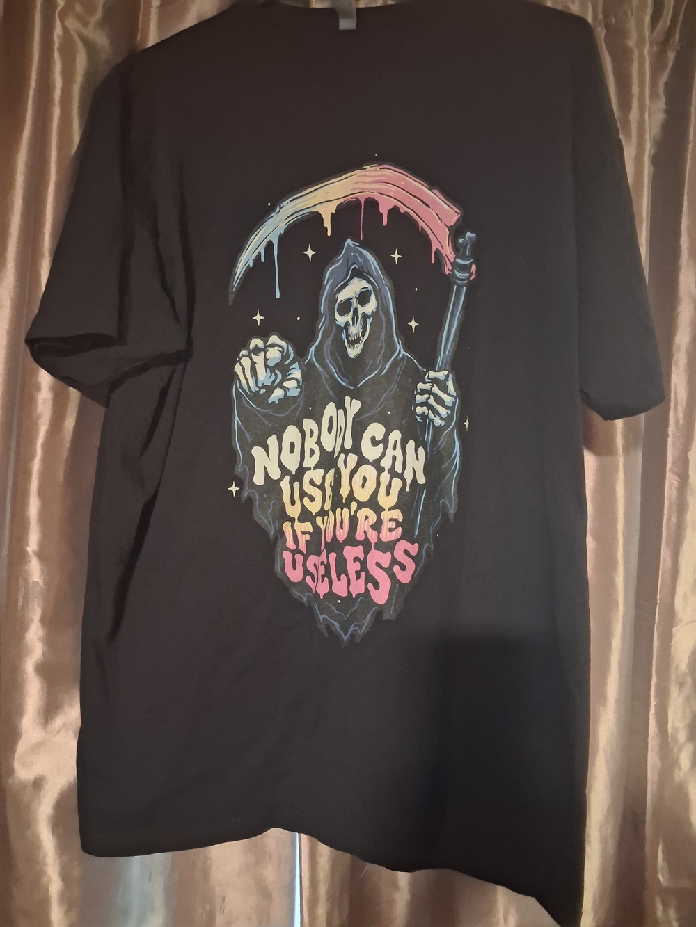 Black Short-Sleeve Graphic Tee with Colorful Grim Reaper Design
